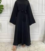 Plan Abaya with Belt and Large Sleeve Dark Black Color with Dupatta in Firdous Material