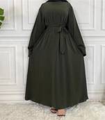 Plan Abaya with Belt and Large Sleeves Mehandi  Green Color with Dupatta in Firdous Material
