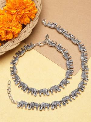 Sashagerman oxidised silver anklets pair for women, nature tribal style with elepant carvings 2
