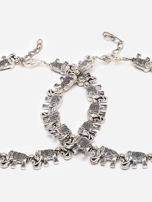 Sashagerman oxidised silver anklets pair for women, nature tribal style with elepant carvings 5