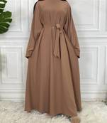 Plan Abaya with Belt and Large Sleeves Light Brown Color with Dupatta in Firdous Material