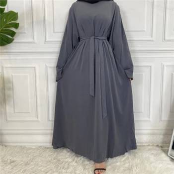 Plan Abaya with Belt and Large Sleeve Grey Color with Dupatta in Firdous Material 1