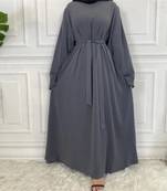 Plan Abaya with Belt and Large Sleeve Grey Color with Dupatta in Firdous Material