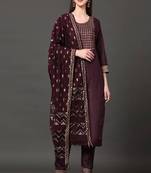 Wine Embroidered Cotton Straight Kurta set