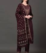 Wine Embroidered Cotton Straight Kurta set