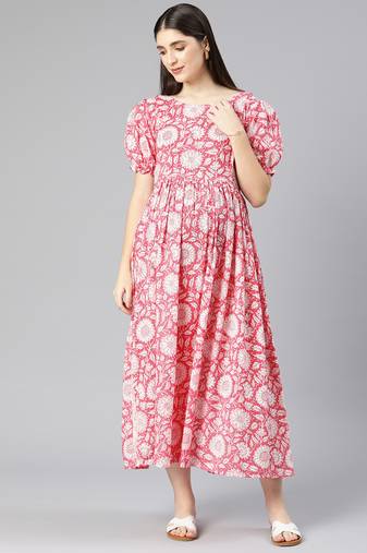 Pink floral kantha print cotton maternity dress