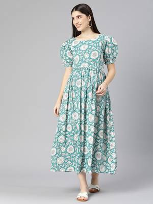 Blue floral kantha print cotton maternity dress 1