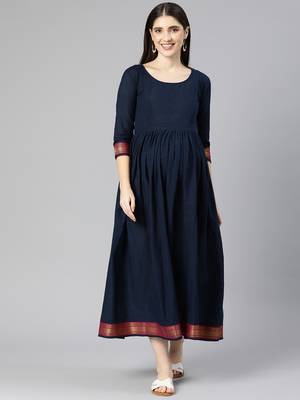 Navy blue mangalgiri cotton maternity dress 1