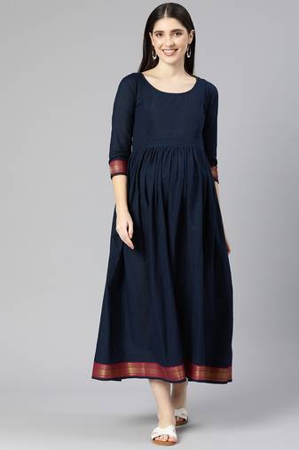 Navy blue mangalgiri cotton maternity dress