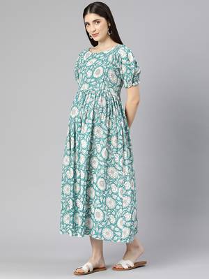 Blue floral kantha print cotton maternity dress 3