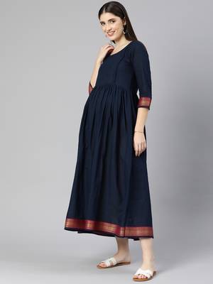 Navy blue mangalgiri cotton maternity dress 3