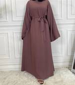 Plan Abaya with Belt and Large Sleeve  Dark Pink Color with Dupatta in Firdous Material