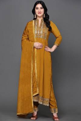 Mustard Embroidered Silk A-line Kurta set 1
