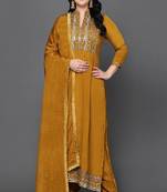 Mustard Embroidered Silk A-line Kurta set