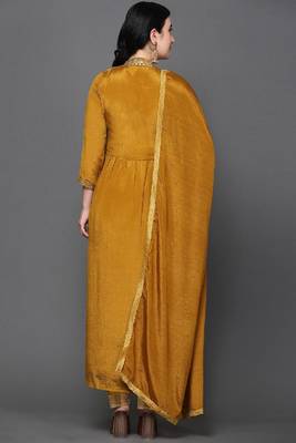 Mustard Embroidered Silk A-line Kurta set 2