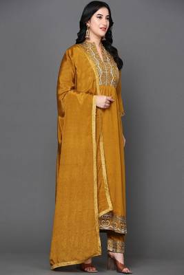 Mustard Embroidered Silk A-line Kurta set 3