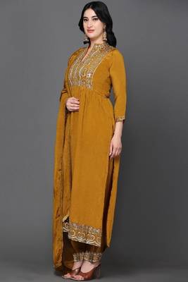 Mustard Embroidered Silk A-line Kurta set 4