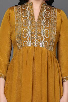 Mustard Embroidered Silk A-line Kurta set 5