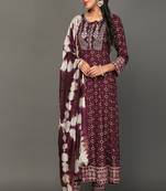 Burgundy Printed Viscose Rayon Flared Kurta set