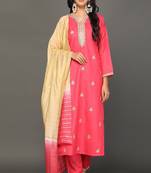 Peach Embroidered Cotton Straight Kurta set