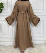 Plan Abaya with Belt and Large Sleeve Beige Color with Dupatta in Firdous Material