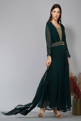 Green Embroidered Georgette A-line Kurti 1