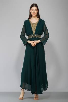 Green Embroidered Georgette A-line Kurti 3