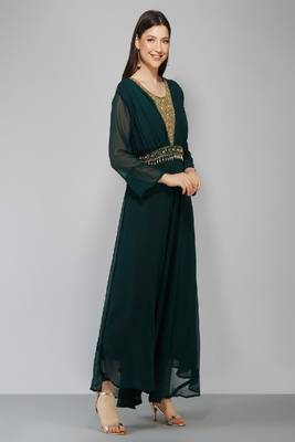Green Embroidered Georgette A-line Kurti 5