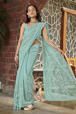 Manohari Light Blue Net Base Soft Organza Seuence Saree With Blouse Piece 1