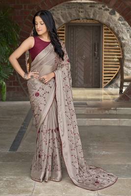 Beige Poly Georgette Sequence And Embroidery Saree With Blouse Piece 1