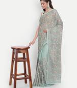 Kasee Women'S Green & Pink Floral Pure Chiffon Saree With Border With Unstitched Blouse Piece