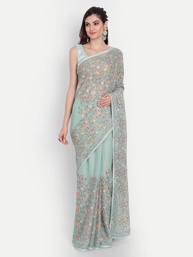 Kasee Women'S Green & Pink Floral Pure Chiffon Saree With Border With Unstitched Blouse Piece