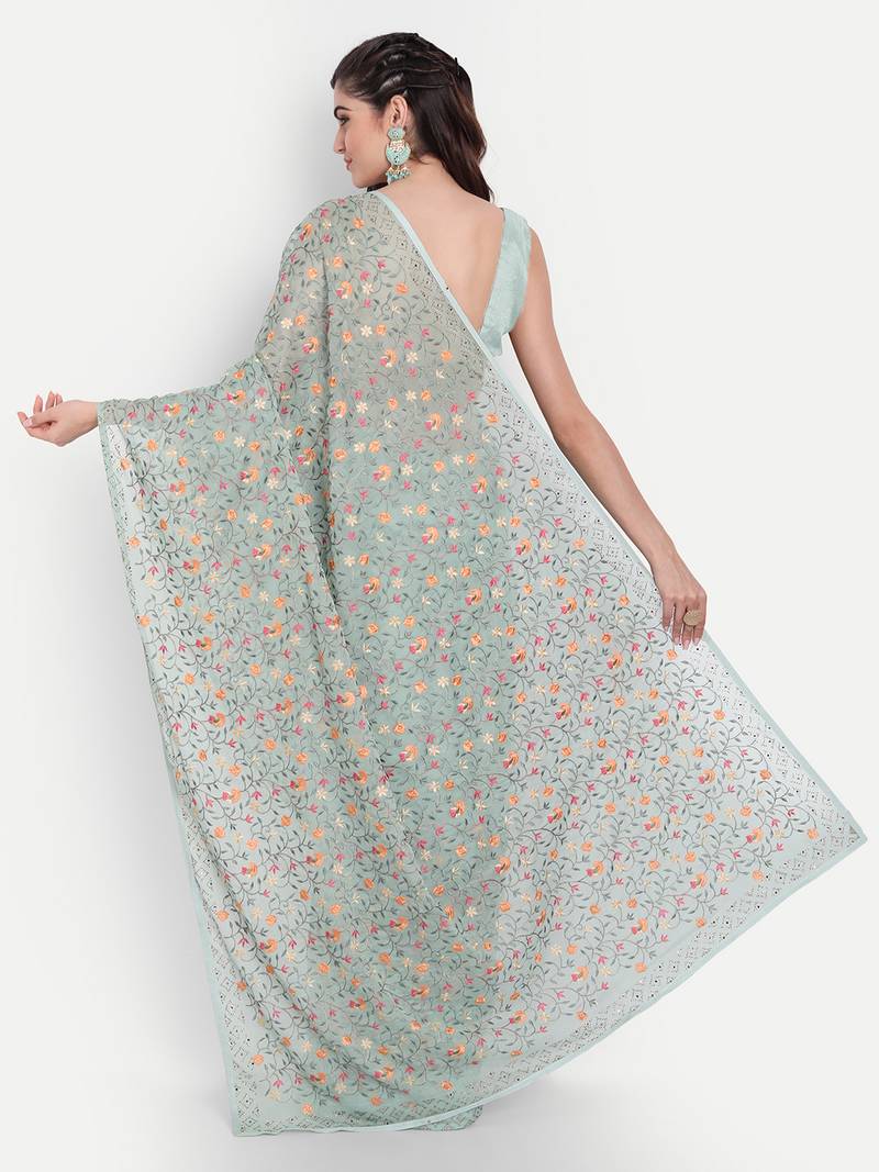 Kasee Women'S Green & Pink Floral Pure Chiffon Saree With Border With Unstitched Blouse Piece