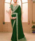 Partywear Green Colour Embroidered Saree With Heavy Blouse And Belt