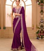 Partywear Wine Colour Embroidered Saree With Heavy Blouse And Belt