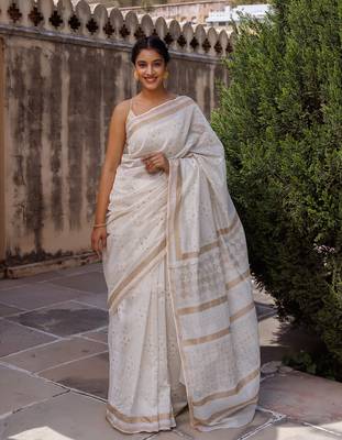   White Pure Chanderi Hand Block Printed Saree 1