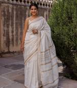 Geroo Jaipur White Pure Chanderi Hand Block Printed Saree