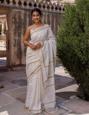   White Pure Chanderi Hand Block Printed Saree 2