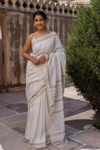   White Pure Chanderi Hand Block Printed Saree