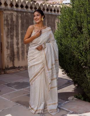   White Pure Chanderi Hand Block Printed Saree 3