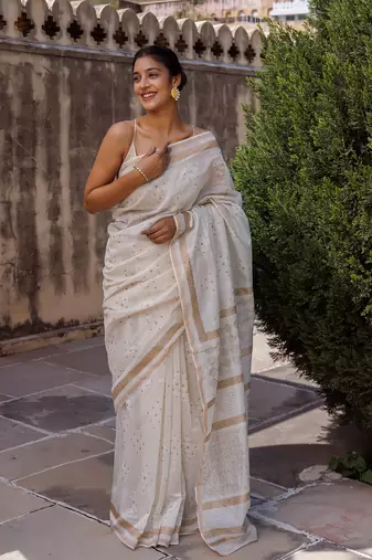   White Pure Chanderi Hand Block Printed Saree