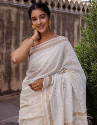  White Pure Chanderi Hand Block Printed Saree 4