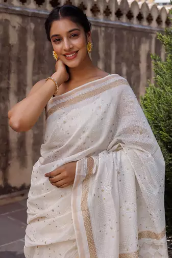   White Pure Chanderi Hand Block Printed Saree
