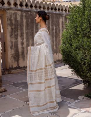   White Pure Chanderi Hand Block Printed Saree 5