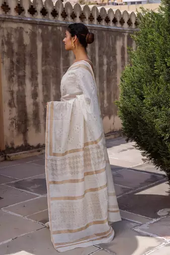  White Pure Chanderi Hand Block Printed Saree