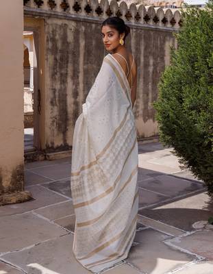   White Pure Chanderi Hand Block Printed Saree 6