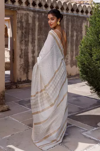   White Pure Chanderi Hand Block Printed Saree