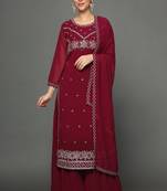 Wine Embroidered Georgette Straight Kurta Set