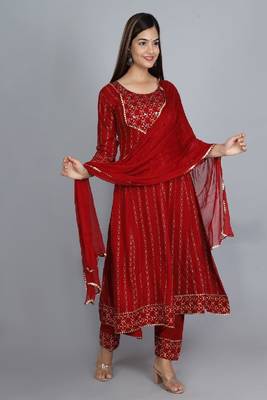 Maroon Embellished Viscose Rayon Anarkali Kurta Set 1