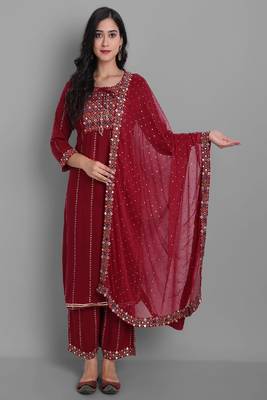 Red Embroidered Viscose Rayon Straight Kurta Set 1